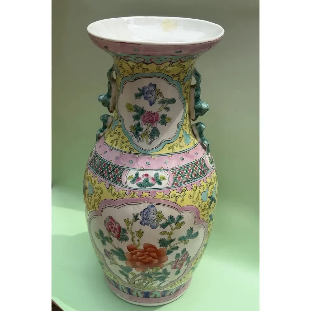 Antique Chinese Famille Rose Vase, 19th C. Large Yellow Porcelain Vase 17.5”